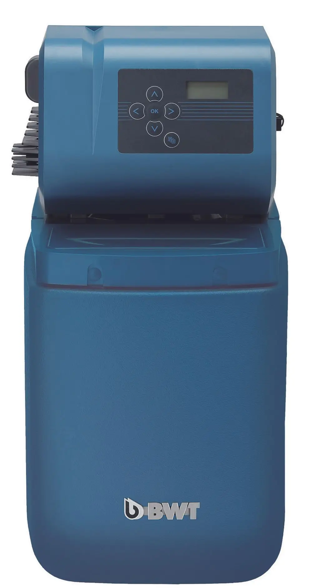 BWT Wasserenthärtungsanlage in blauer Gehäusefarbe mit Bedienfeld und Display. Das Gerät ist für die lokale Wasseraufbereitung konzipiert.